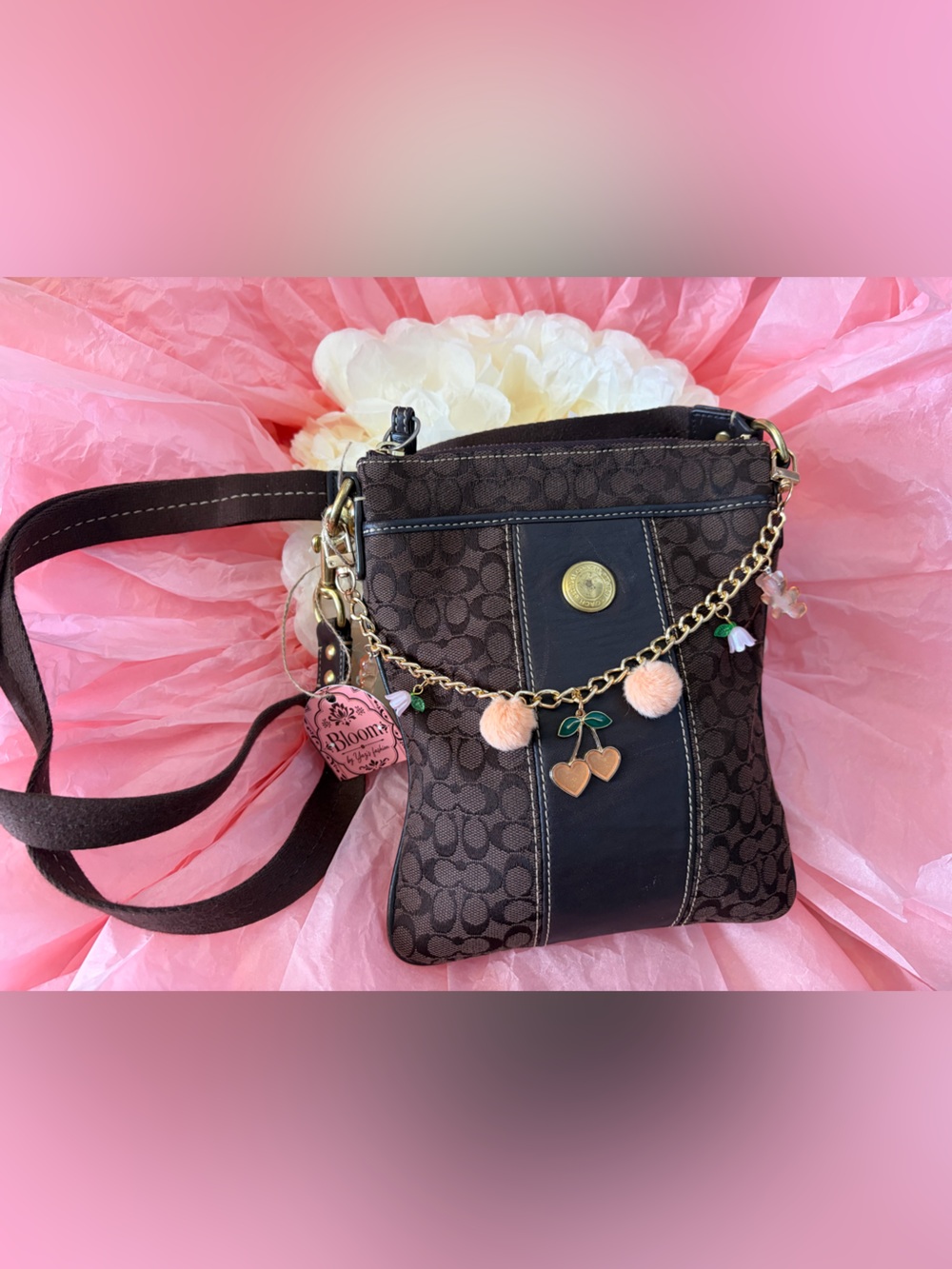 Coach Brown Signature Crossbody with Gold Cherry Charm Chain